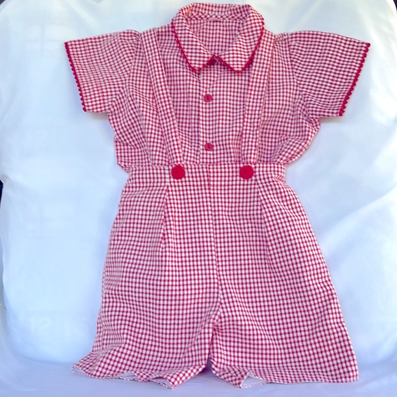 VINTAGE 02 LIKE NEW! SUPER CUTE GINGHAM SHORT SLEEVES SHIRT & OVERALLS SET 4T - Picture 3 of 17